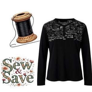 👛 (ANY 2/$25) DESIGUAL Black/White Henley Long Sleeved Tee Graphic Print
